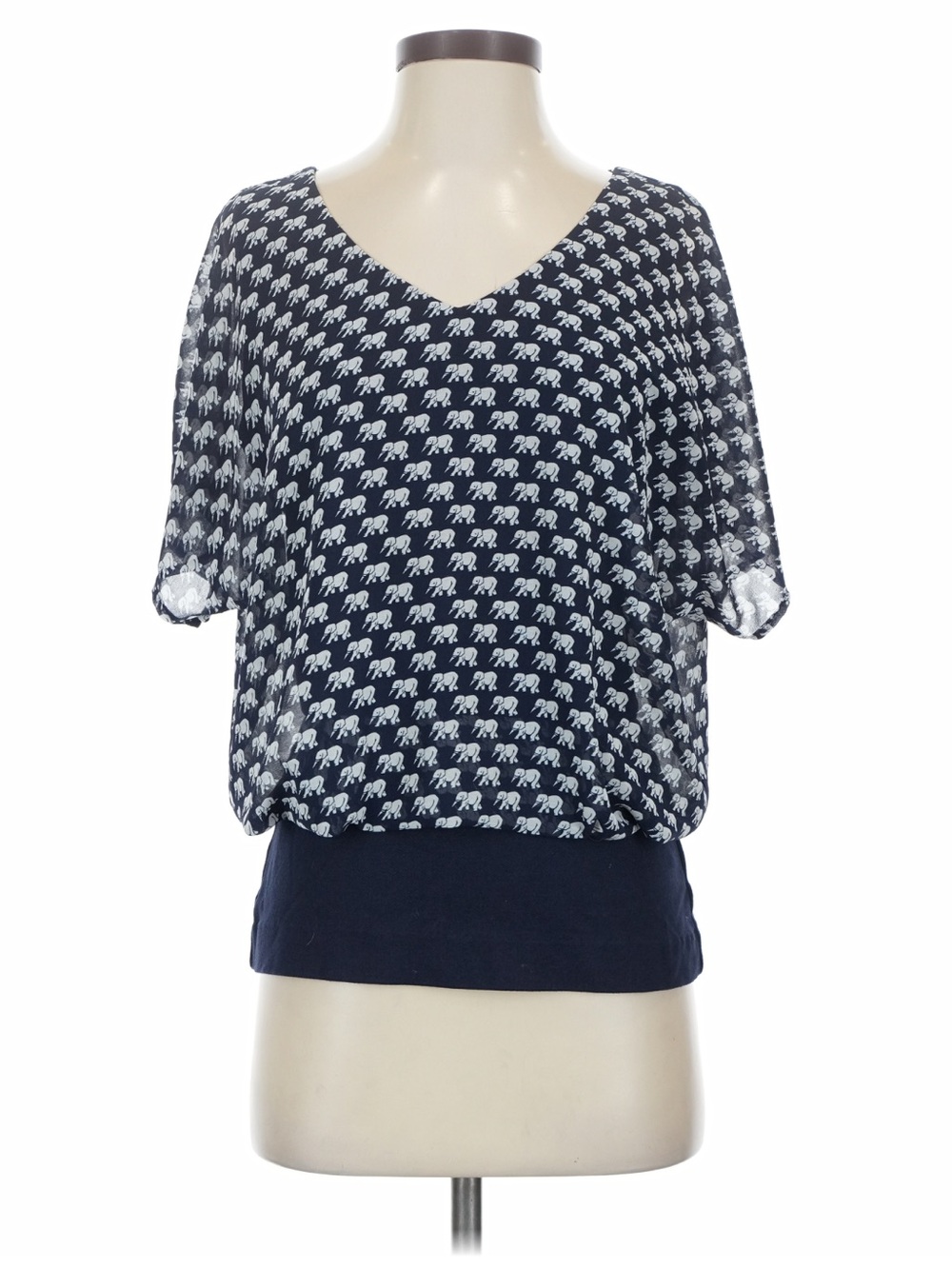 CAbi- Semi sheer navy elephant-print overlay top with navy knit tank top. Sz S